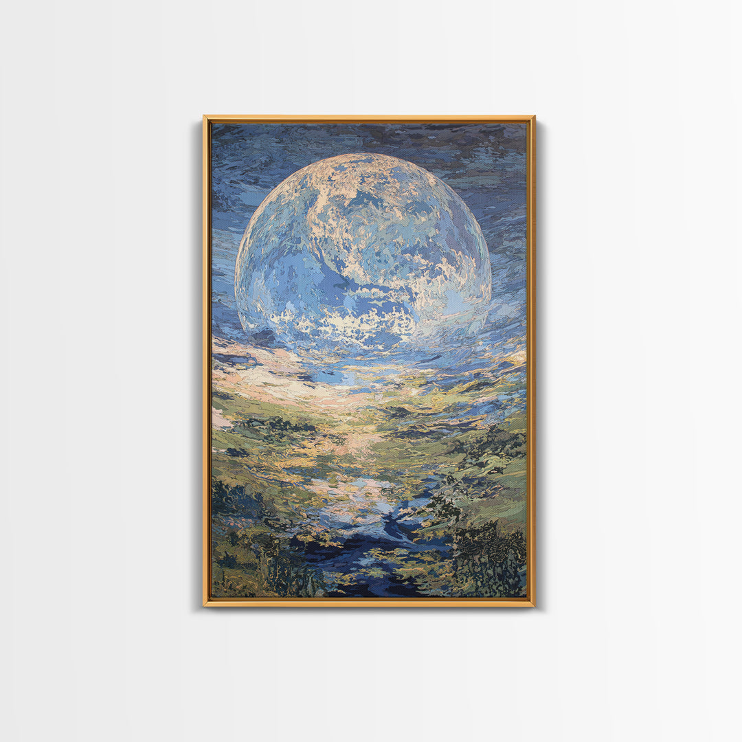 Dreamy Blue Moon Over Ocean Canvas Print, Abstract Landscape Wall Art, Modern Art Poster, Nature Scene Art, Large Decor Gift