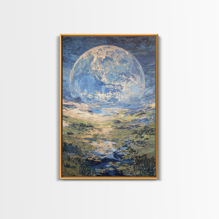Dreamy Blue Moon Over Ocean Canvas Print, Abstract Landscape Wall Art, Modern Art Poster, Nature Scene Art, Large Decor Gift