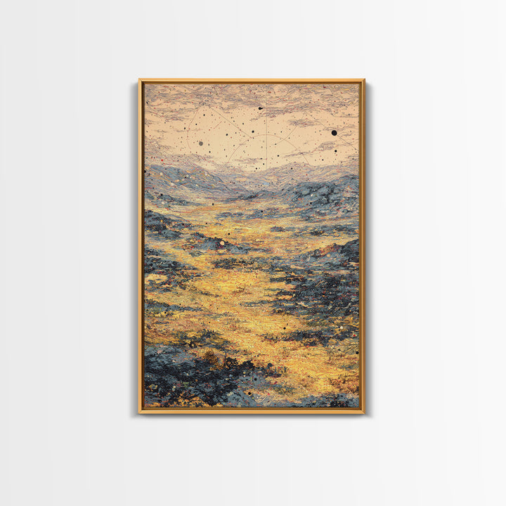Golden Celestial Valley Framed Canvas Print, Dreamy Wall Art, Abstract Landscape, Spiritual Wall Decor, Modern Art Poster Gift