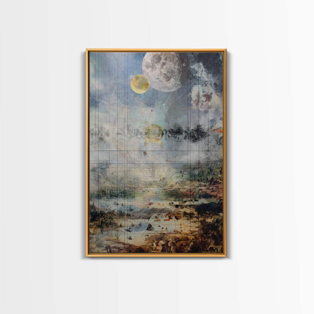 Surreal Lunar Seascape With Pale Moons And Fine Line Geometry Wall Art, Dreamy Abstract Landscape, Modern Blue Home Decor