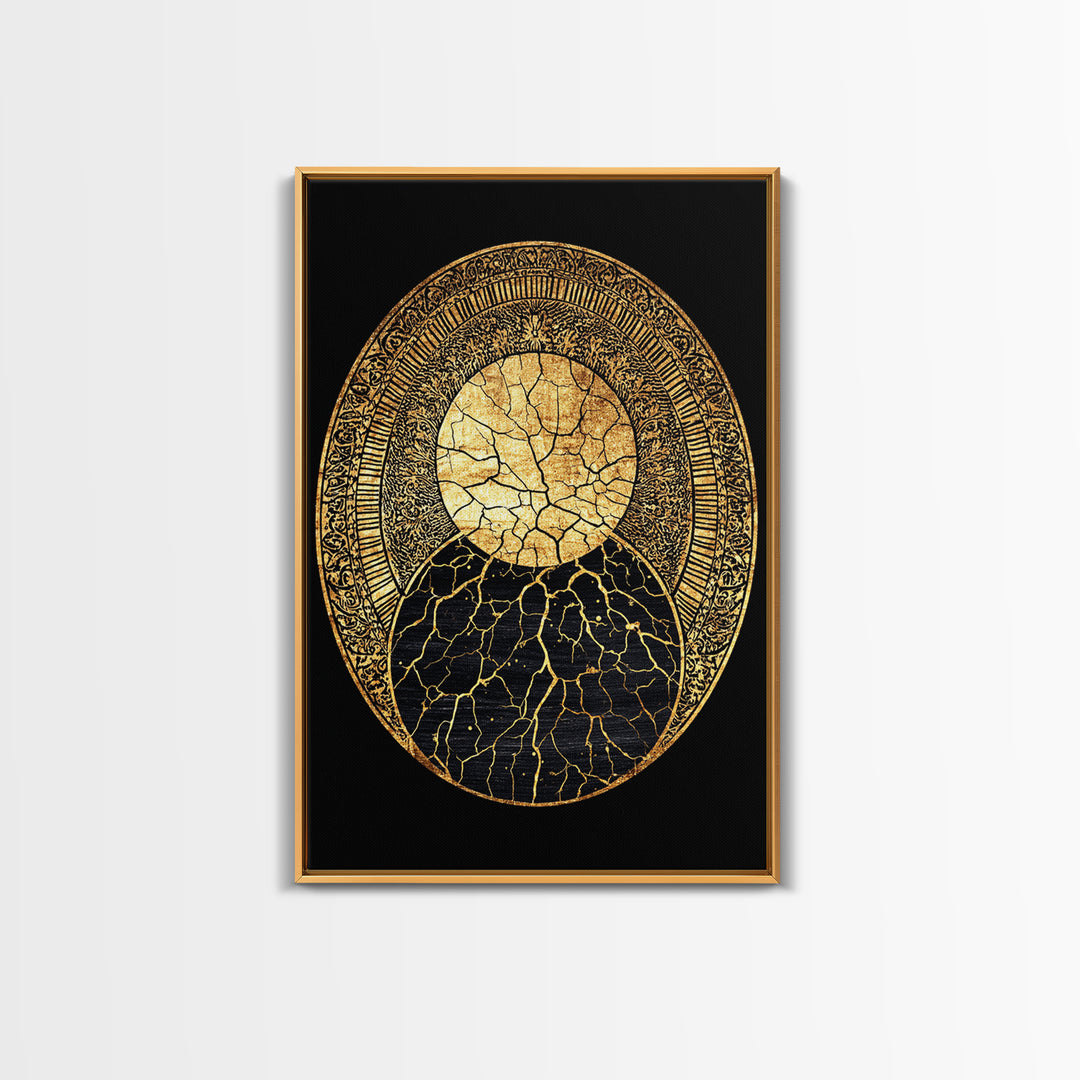 Gold Kintsugi Sun Moon Oval On Black Canvas Print, Spiritual Geometric Art, Luxury Abstract Decor, Mystical Celestial Gift