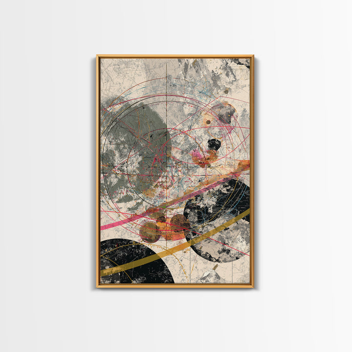 Orbit Circles With Red Lines And Gray Texture Framed Canvas Print, Abstract Geometric Wall Decor, Modern Office Art Gift