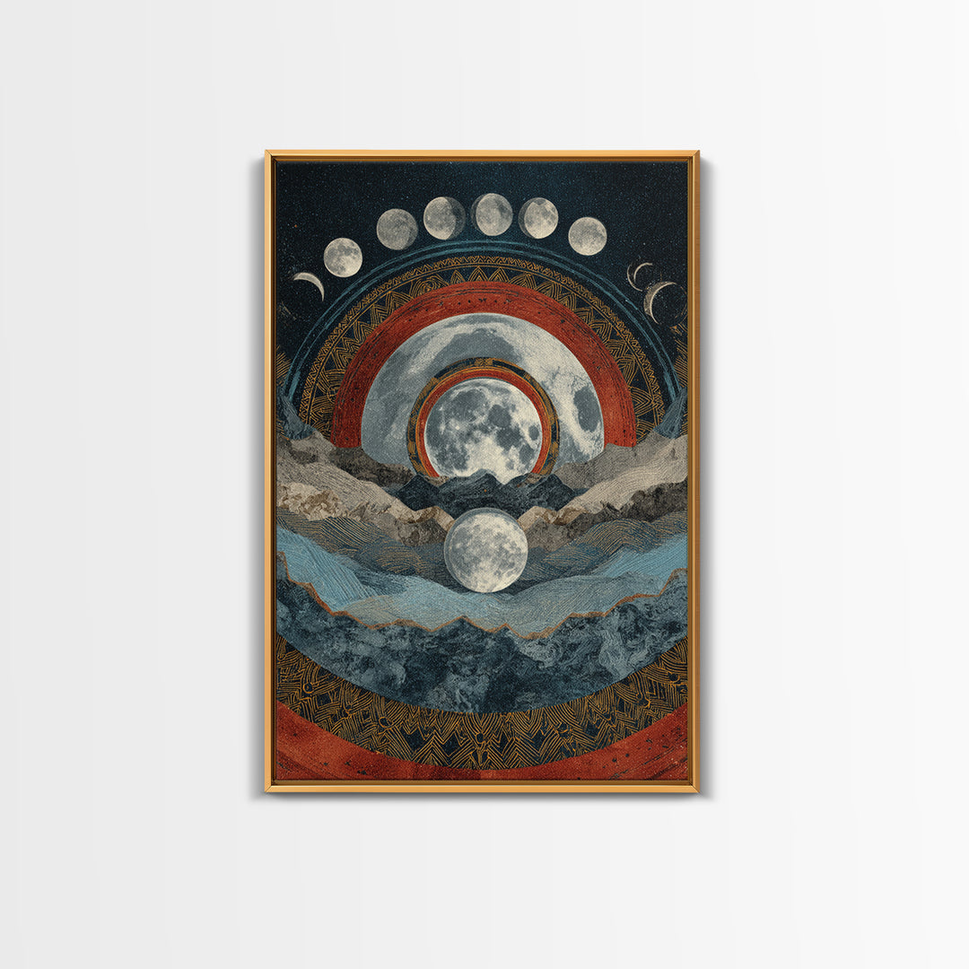 Moon Phase Mountain Mandala With Red Arcs Canvas Print, Spiritual Landscape Wall Decor, Mystical Meditation Home Art Gift