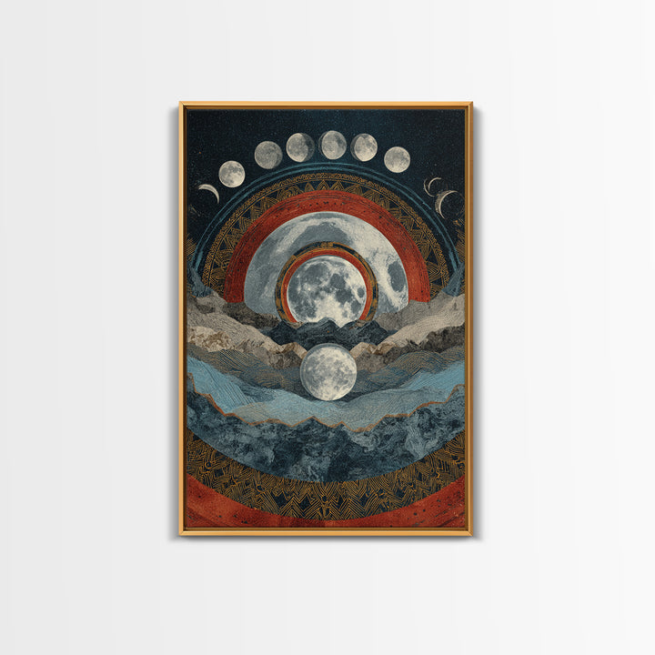 Moon Phase Mountain Mandala With Red Arcs Canvas Print, Spiritual Landscape Wall Decor, Mystical Meditation Home Art Gift