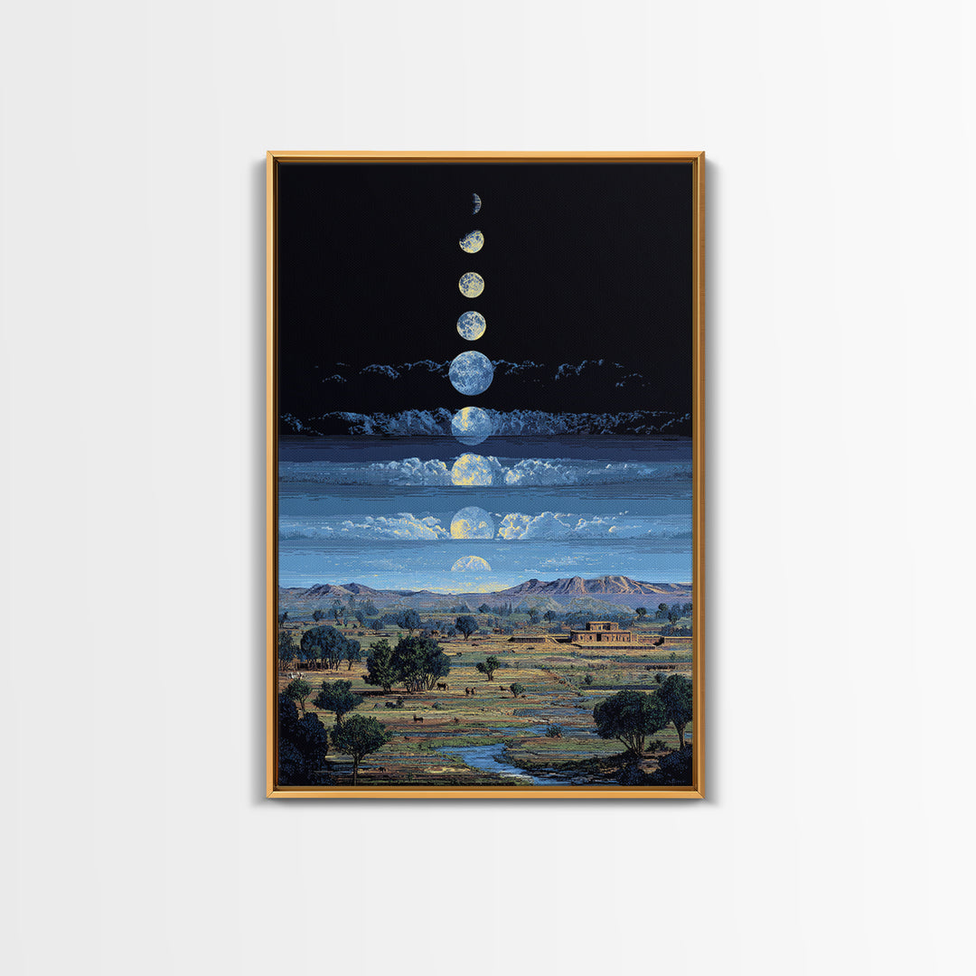 Blue Moon Phases Over African Savanna Landscape Wall Art, Spiritual Safari Decor, Mystical Nature Scene For Living Room Gift