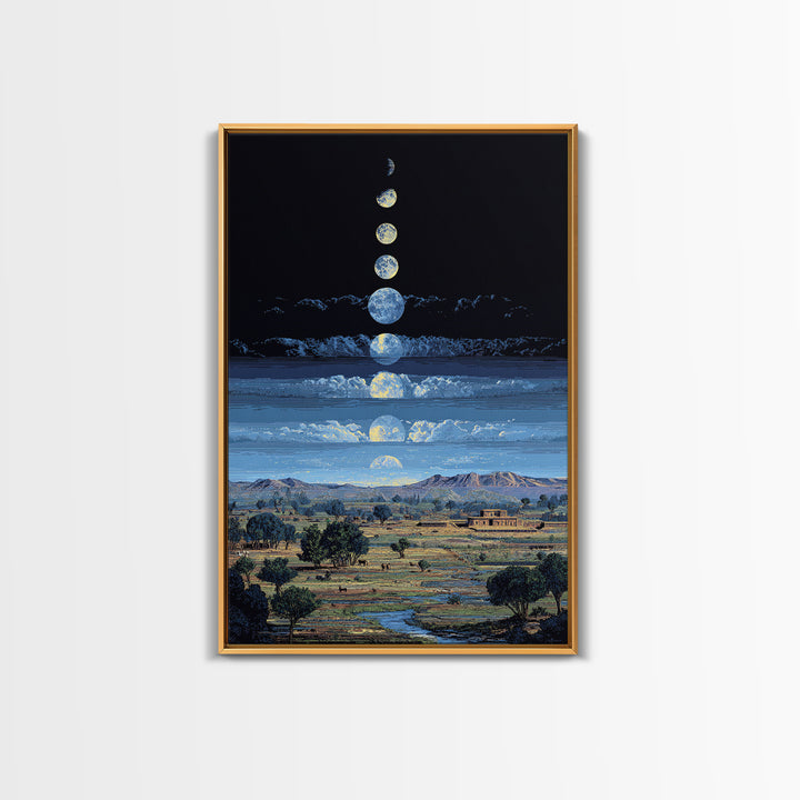 Blue Moon Phases Over African Savanna Landscape Wall Art, Spiritual Safari Decor, Mystical Nature Scene For Living Room Gift