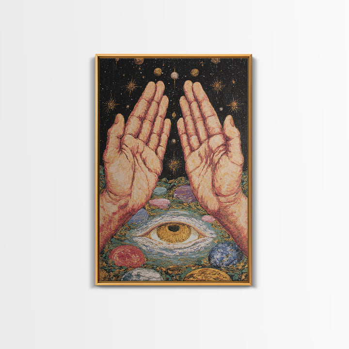 Mystic Open Hands Above All Seeing Eye And Planets Wall Art, Spiritual Meditation Decor, Surreal Occult Unique Home Art Gift