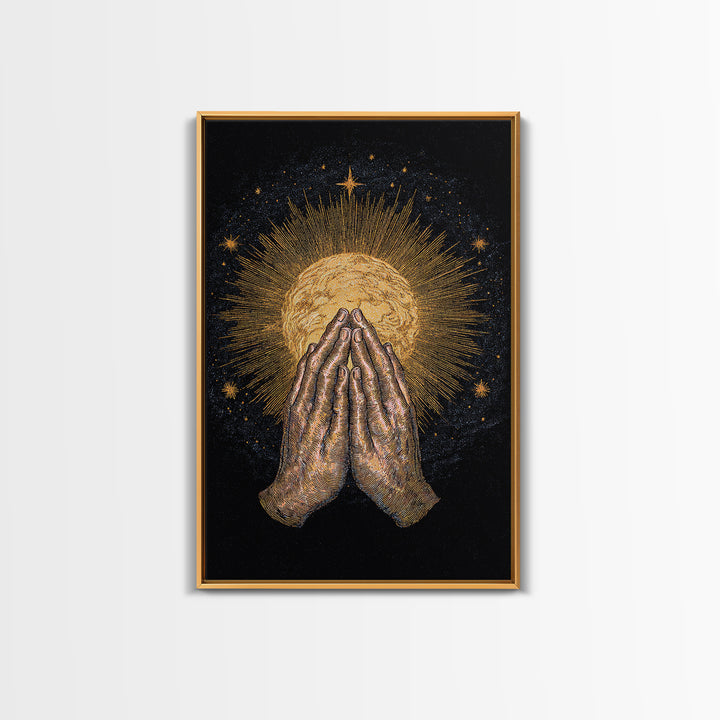 Praying Hands Holding Golden Radiant Sun On Black Canvas Print, Spiritual Wall Decor, Meditation Art Gift For Sacred Home