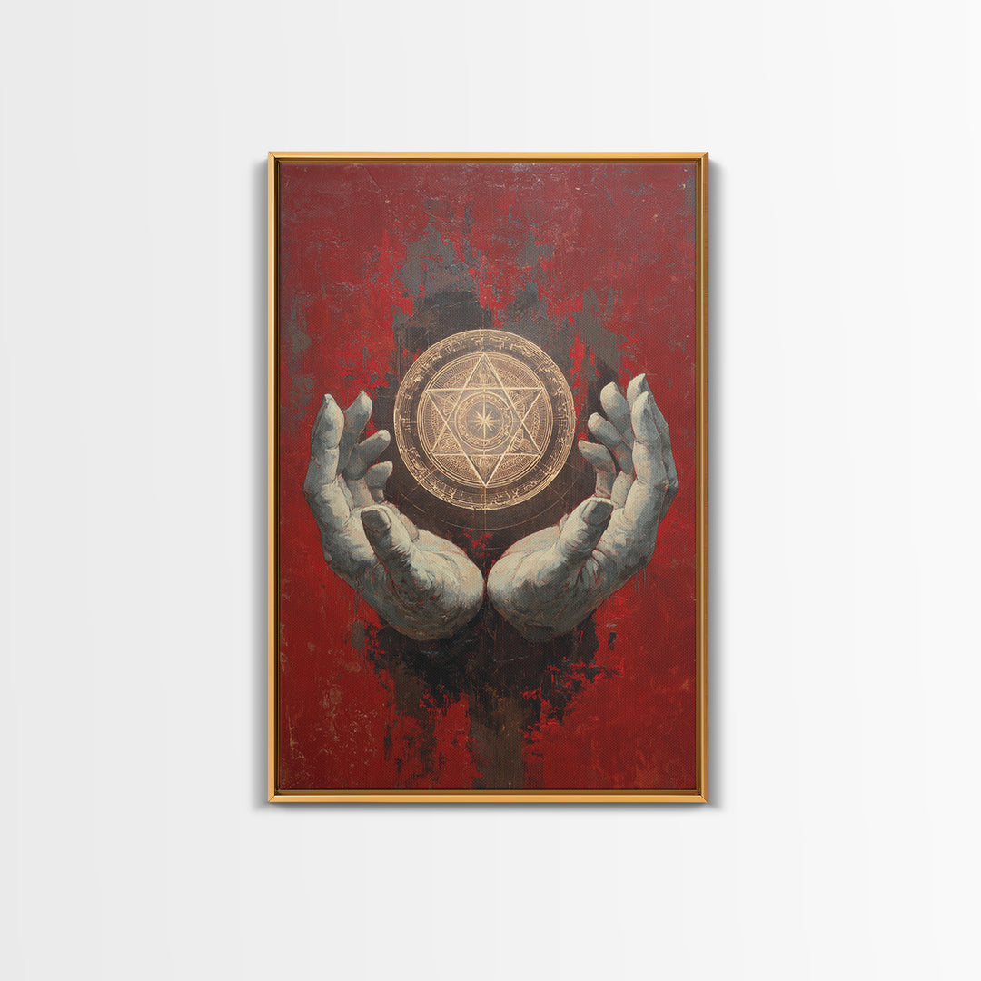 Golden Sacred Geometry In Weathered Hands Wall Art, Mystical Abstract Canvas, Spiritual Home Decor, Red And Gold Artwork