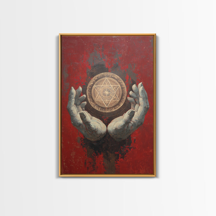 Golden Sacred Geometry In Weathered Hands Wall Art, Mystical Abstract Canvas, Spiritual Home Decor, Red And Gold Artwork