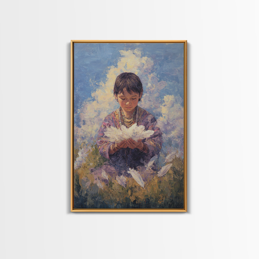 Quiet Child Holding White Feathers Framed Canvas Print, Dreamy Portrait Wall Art, Spiritual Home Decor, Gift For Kids, Soft Blue Painting