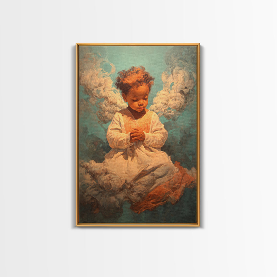 Praying Black Child In Clouds Canvas Print, Angelic Spiritual Wall Art, Dreamy Portrait Decor, Black Beauty Gift For Her