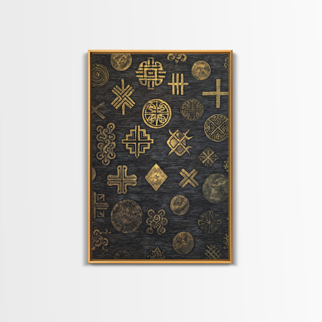 Gold Adinkra Symbols On Black Canvas Print, African Patterns Wall Decor, Tribal Art Print, Cultural Home Decor For Living Room