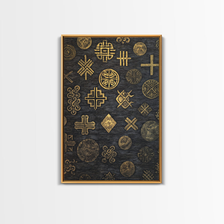 Gold Adinkra Symbols On Black Canvas Print, African Patterns Wall Decor, Tribal Art Print, Cultural Home Decor For Living Room