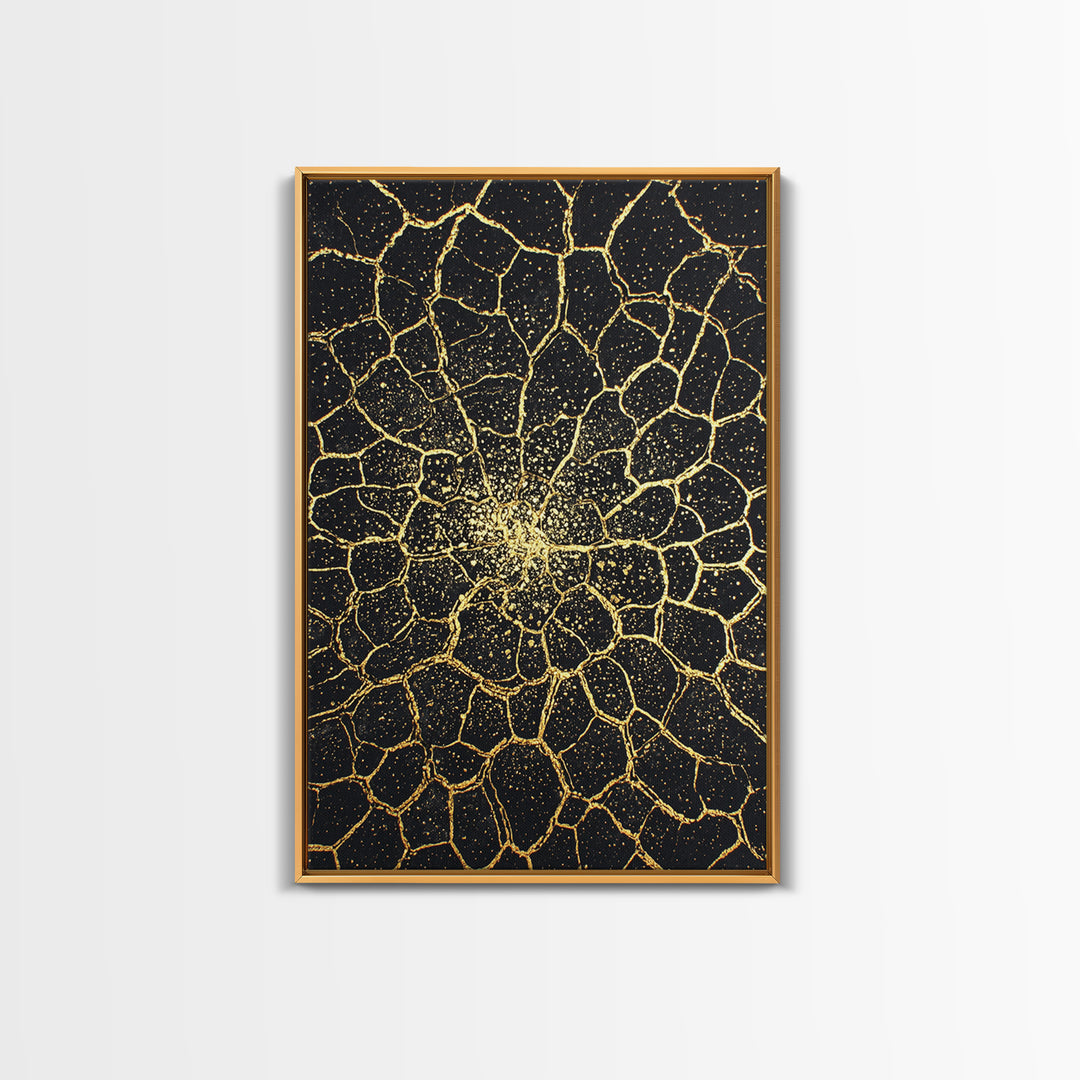 Black And Gold Cracked Floral Mandala Wall Art, Abstract Geometric Canvas, Luxury Home Decor, Statement Piece Gift For Living Room
