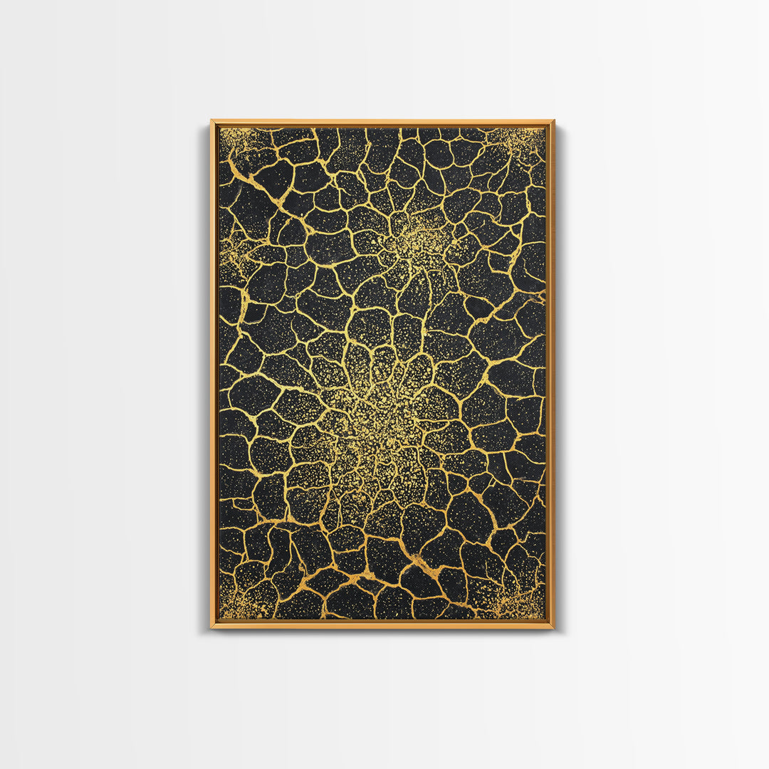 Gold Botanical Crackle Pattern Canvas Print, Black Abstract Wall Art, Geometric Floral Decor, Luxury Statement Piece For Modern Home