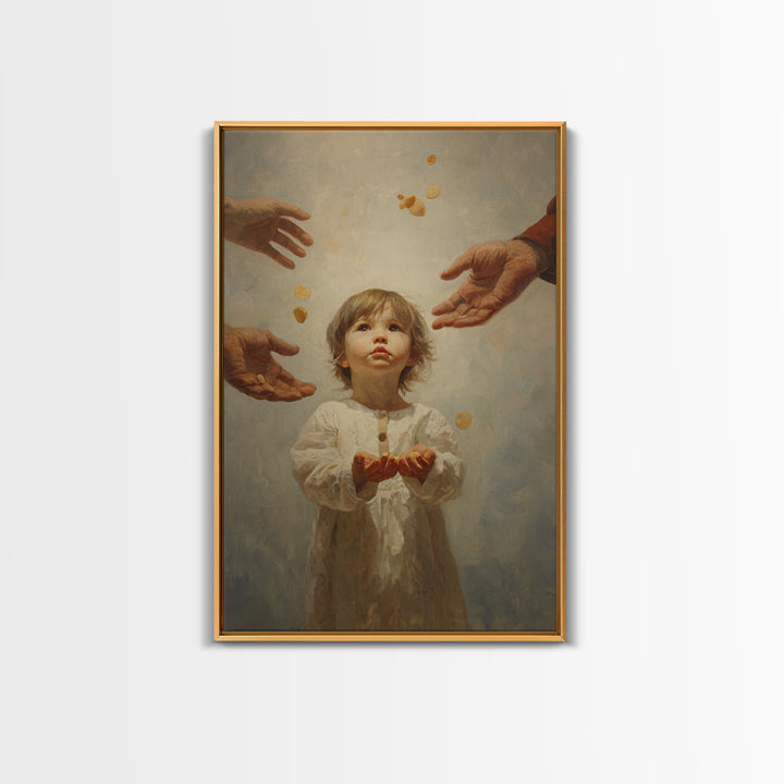 Wide Eyed Child Receiving Coins Framed Canvas Print, Classic Portrait Wall Art, Meaningful Gift, Soft Neutral Home Decor