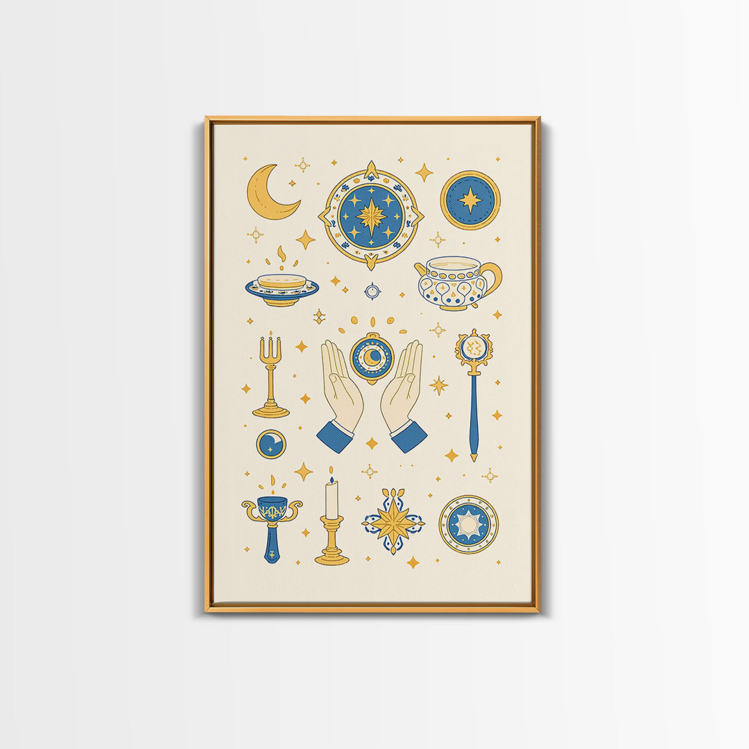 Blue Gold Celestial Symbols With Moon Hands And Stars Wall Art, Mystical Spiritual Boho Decor, Elegant Gallery Canvas Print