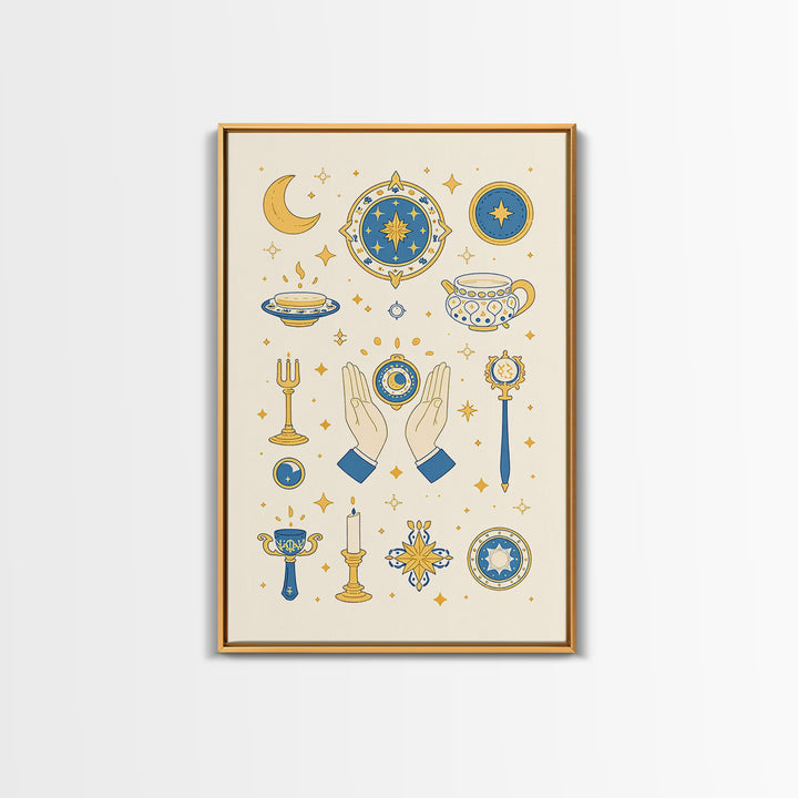 Blue Gold Celestial Symbols With Moon Hands And Stars Wall Art, Mystical Spiritual Boho Decor, Elegant Gallery Canvas Print