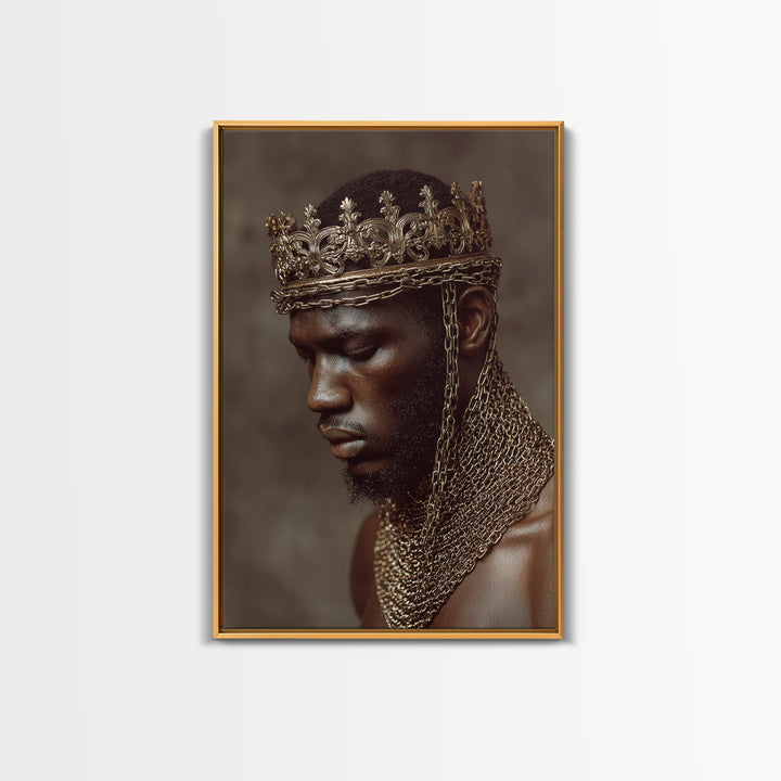 Profile Of Black King In Gold Crown And Chains Wall Art, African American Royal Portrait, Luxury Black Culture Decor Gift