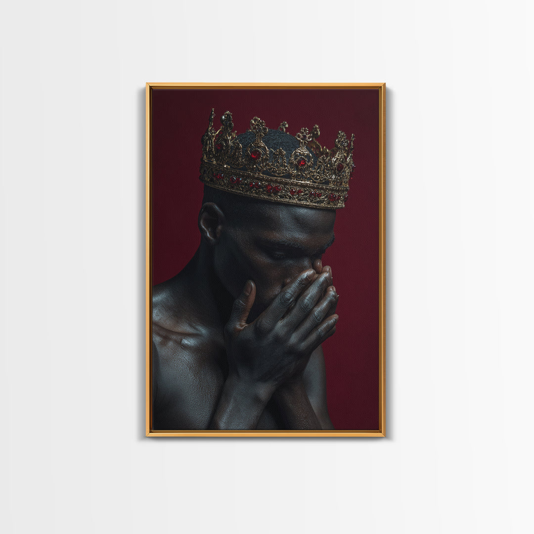 Praying Black King With Ruby Gold Crown Wall Art, African American Royal Portrait, Spiritual Black Culture Home Decor Gift