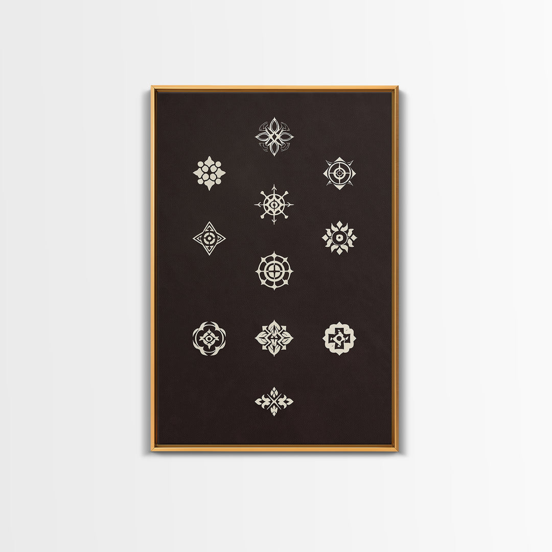 Cream Sacred Geometric Symbols On Dark Brown Wall Art, Minimalist Spiritual Pattern Canvas Print, Boho Meditation Home Decor