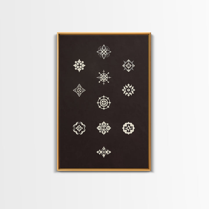 Cream Sacred Geometric Symbols On Dark Brown Wall Art, Minimalist Spiritual Pattern Canvas Print, Boho Meditation Home Decor