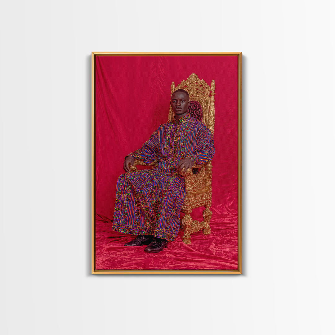 Regal African Man On Gold Throne Wall Art, Royal Black Portrait, Afrocentric Decor, African Fabric, Statement Canvas, Living Room Decor