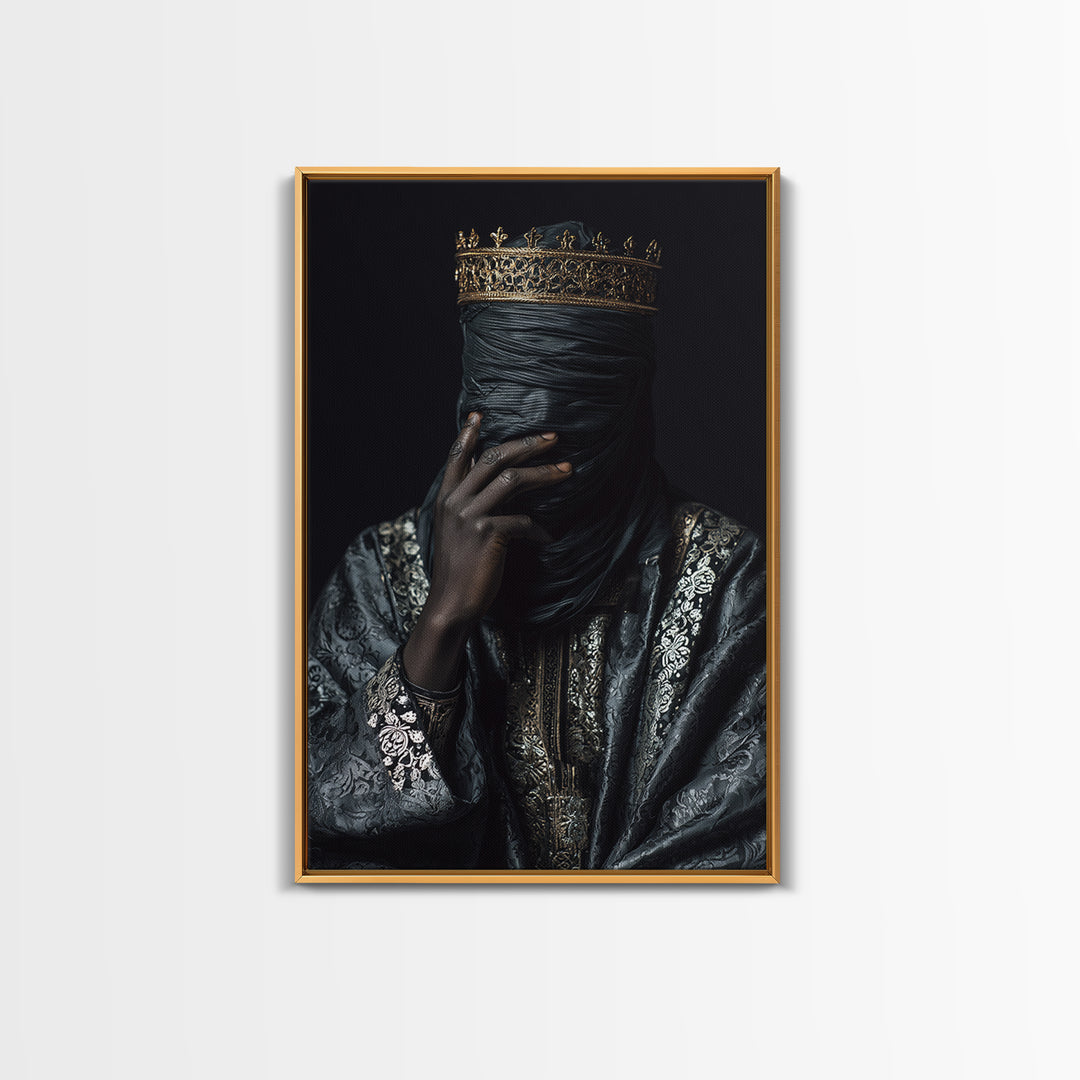 Mystic Crowned African Portrait Wall Art, Black Veiled Figure, Gold Jewelry Canvas, Afrocentric Decor, Luxury Canvas Print