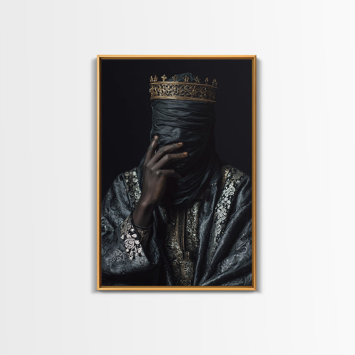 Mystic Crowned African Portrait Wall Art, Black Veiled Figure, Gold Jewelry Canvas, Afrocentric Decor, Luxury Canvas Print