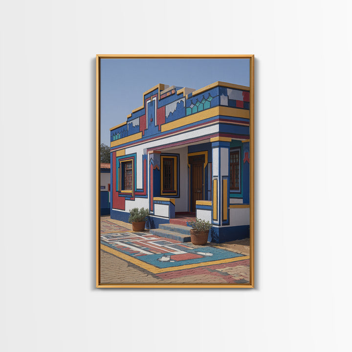Bright Ndebele Painted Courtyard Framed Canvas Print, African Architecture Wall Art, Geometric Tribal Home Decor Statement Piece