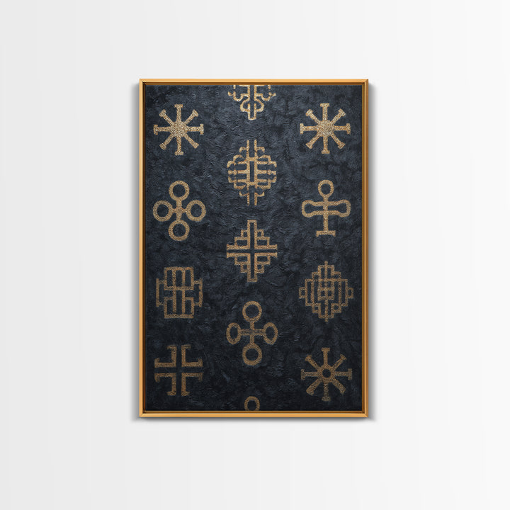 Gold African Adinkra Symbols Wall Art, Black Textured Pattern Print, Tribal Cultural Decor, Afrocentric Home Gift For Office
