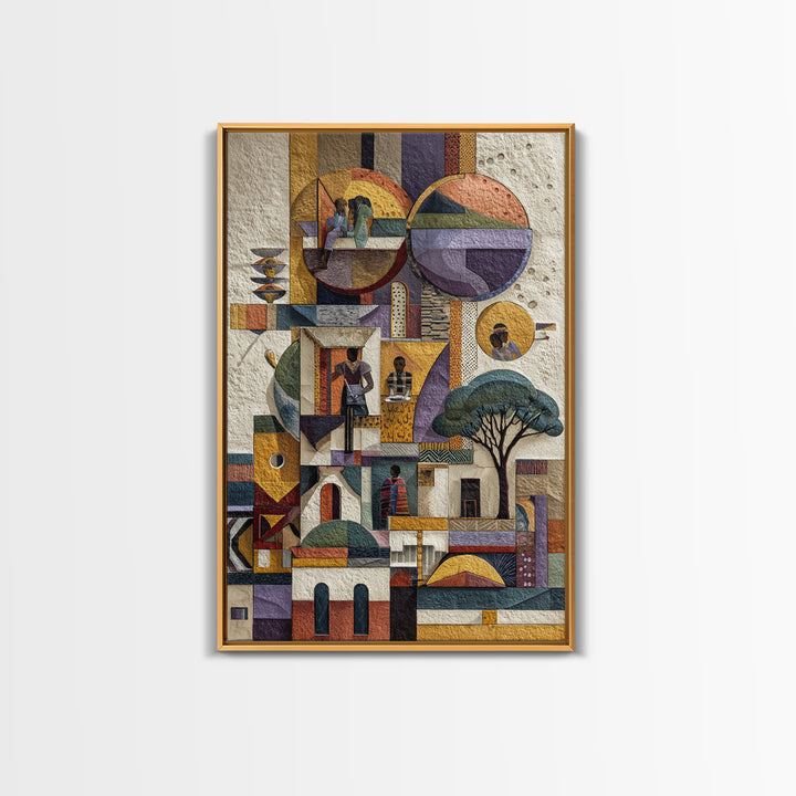 Abstract African Village Collage Canvas Print, Geometric Architecture Wall Art, Textured Cultural Home Decor Gift For Living Room