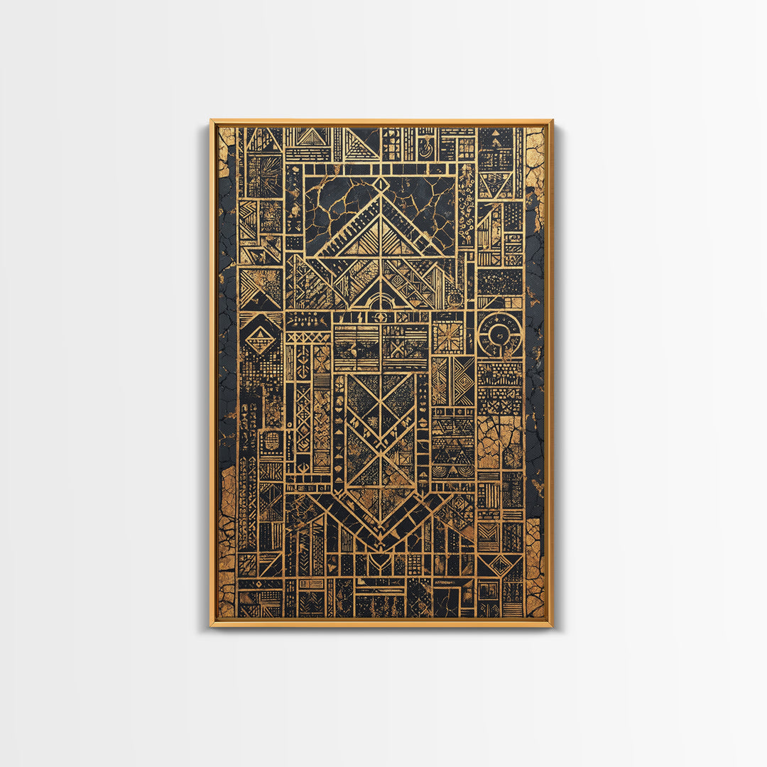 Gold Black Tribal Geometry Canvas Print, African Wall Art, Kuba Pattern Decor, Afrocentric Abstract Home Decor Statement Gift