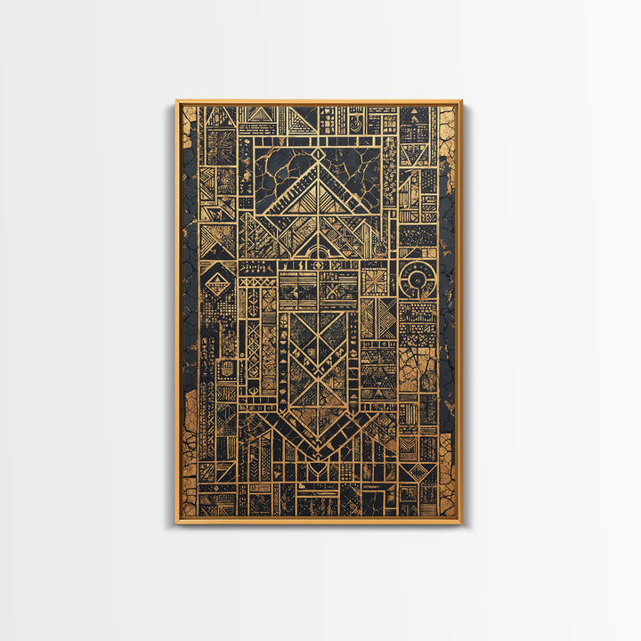 Gold Black Tribal Geometry Canvas Print, African Wall Art, Kuba Pattern Decor, Afrocentric Abstract Home Decor Statement Gift