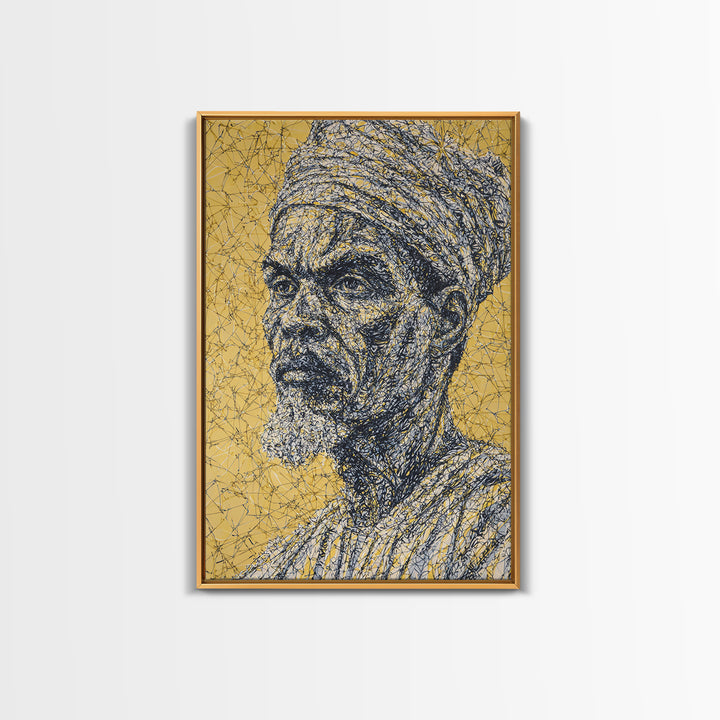 Wise Elder African Portrait Wall Art, Gold Line Drawing, Black History Decor, Afrocentric Cultural Home Decor Meaningful Gift For Him
