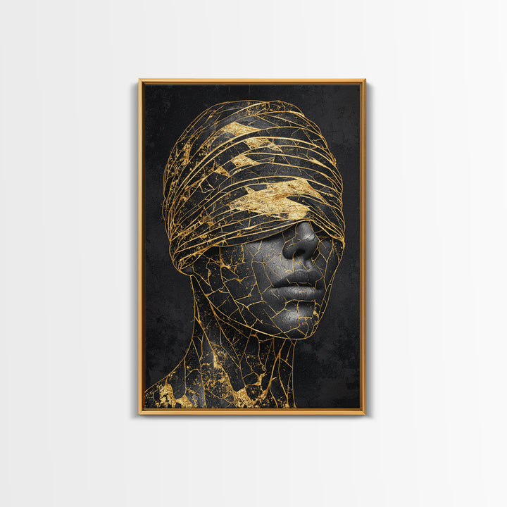 Blindfolded Gold Black Woman Canvas Print, African American Art, Feminine Afrocentric Portrait, Luxury Statement Home Decor