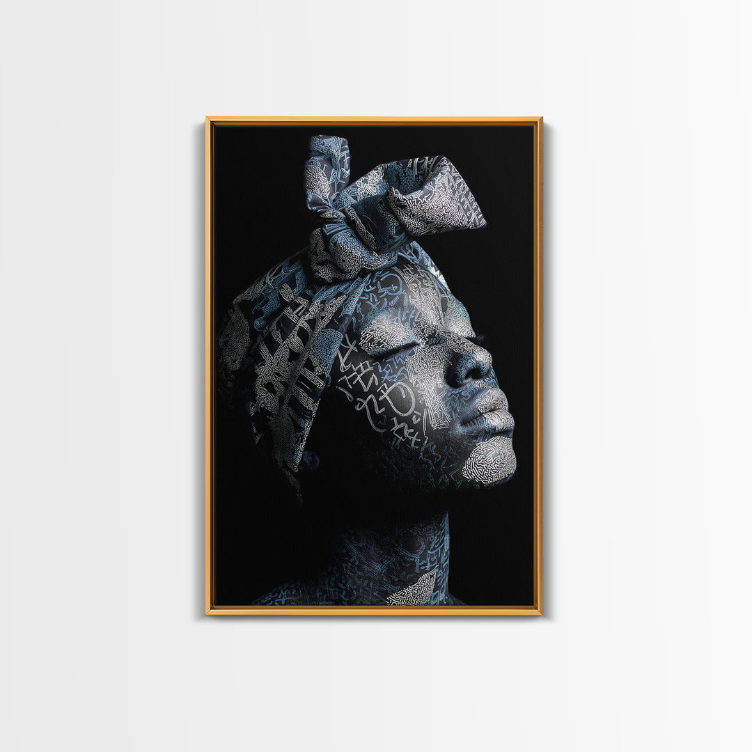 Blue Headwrap Black Woman Framed Canvas Print, African Portrait Art, Afrocentric Wall Decor, Modern Cultural Home Decor Gift