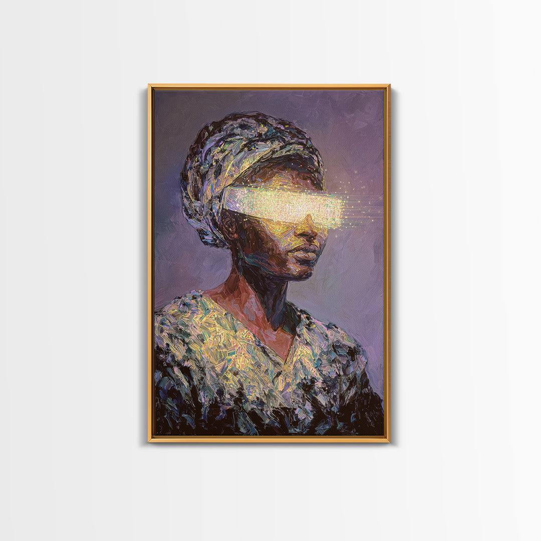 Visionary African Woman Canvas Print, Glowing Eye Light Portrait, Afrocentric Art, Spiritual Wall Decor, Female Power Gift
