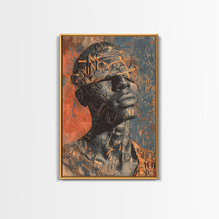 Blindfolded Black Woman Canvas Print, Abstract Typography Portrait, African American Art, Burnt Orange Afrocentric Decor