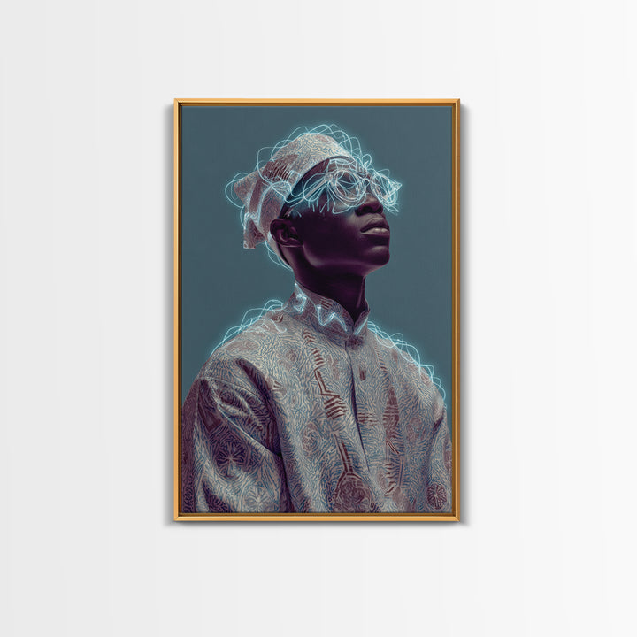 Afrofuturist Black Man Portrait With Neon Headwrap, Canvas Print, Modern African Art, Afrocentric Wall Decor, Black Culture Art