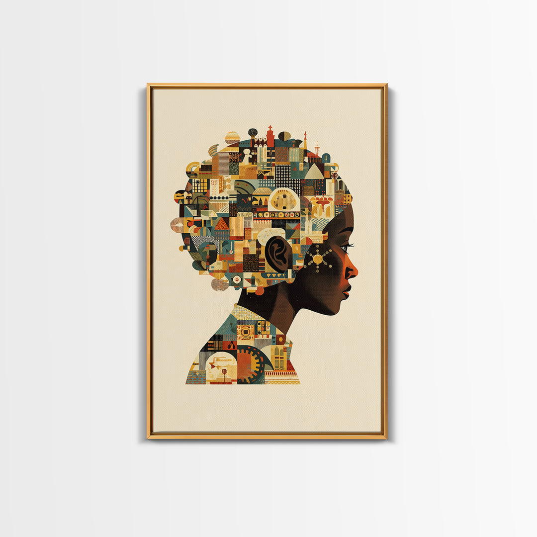 Profile Of African Woman With Architectural Afro, Wall Art, Geometric Portrait, Cultural Home Decor, Modern Afrocentric Art Print
