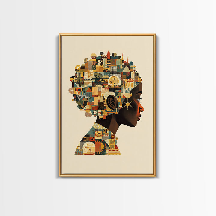 Profile Of African Woman With Architectural Afro, Wall Art, Geometric Portrait, Cultural Home Decor, Modern Afrocentric Art Print