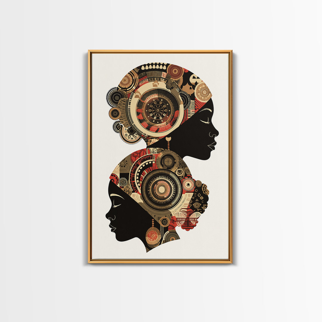 Two African Women Silhouettes With Tribal Circles, Canvas Print, Abstract African Art, Boho Wall Art, Cultural Decor Print
