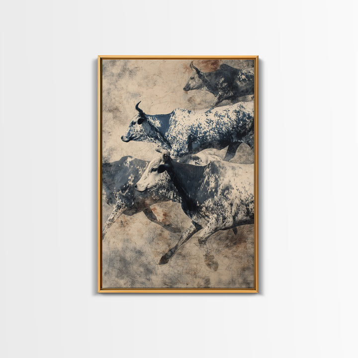 Charging Longhorn Cattle Herd In Sepia Dust, Canvas Print, African Safari Art, Rustic Wall Decor, Western Animal Painting