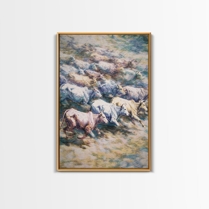 Colorful Running Cattle Herd Across Open Range, Wall Art, African Animal Art, Safari Decor, Textured Painting On Canvas Print