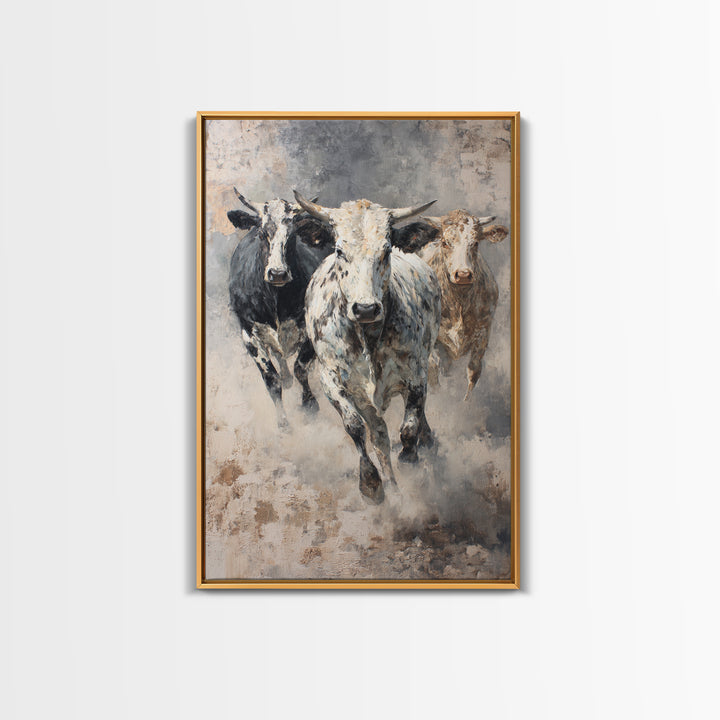 Charging Longhorn Cattle Framed Canvas Print, Western Animal Wall Art, Rustic Farmhouse Decor, Bold Living Room Painting