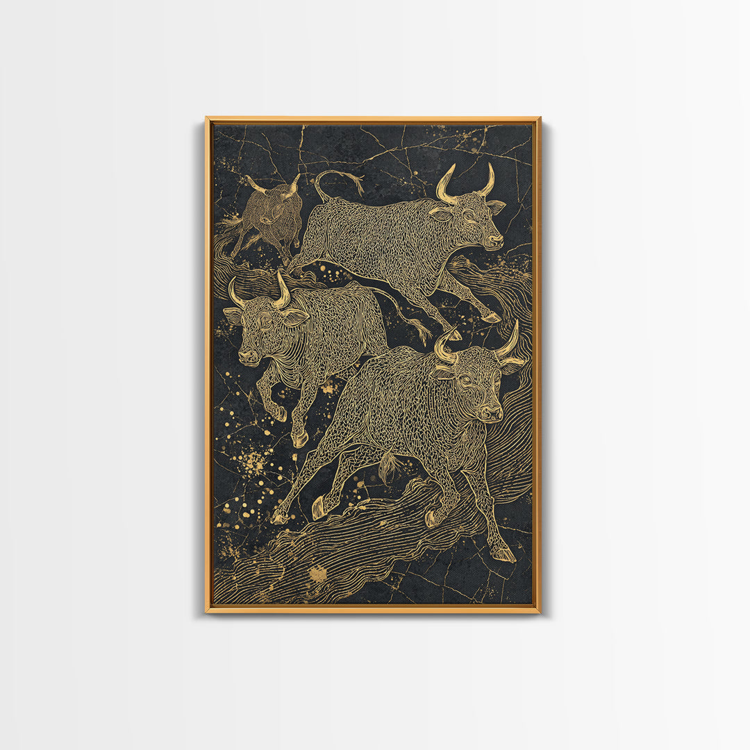Gold Line Bulls On Black Wall Art, Modern Animal Canvas Print, Luxury Ranch Decor, Masculine Office Art, Bold Statement Piece