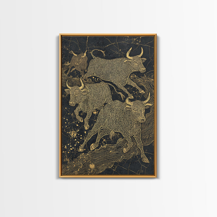 Gold Line Bulls On Black Wall Art, Modern Animal Canvas Print, Luxury Ranch Decor, Masculine Office Art, Bold Statement Piece