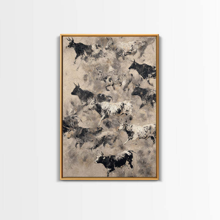 Monochrome Cattle Collage Wall Art, Abstract Animal Canvas Print, Rustic Neutral Decor, Black And White Art, Gallery Poster